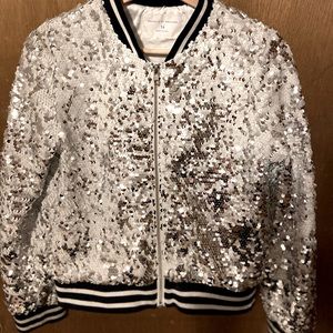 Silver sequined bomber jacket — girls’ 14